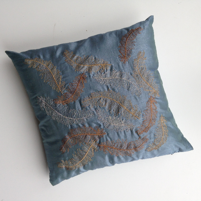 CUSHION, Light Blue Satin w Embroidered Feathers 40cm